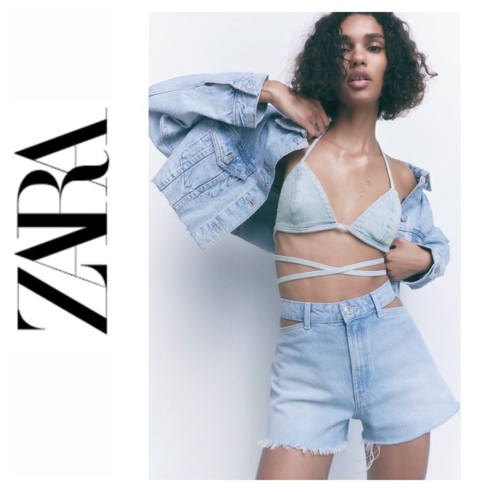 NWT Zara Light Blue Wash Denim Triangle Body Wraparound Bra Top, Size Medium